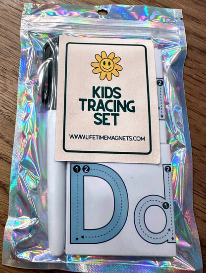 Kids tracing magnet set with letters and numbers plus a dry erase marker, handmade by Lifetime Magnets