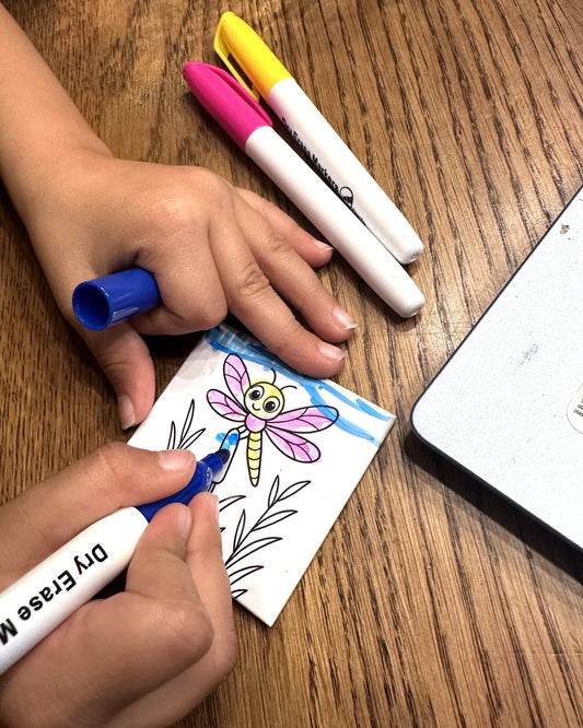 Reusable kids coloring magnets with bug designs and three dry erase markers, handmade by Lifetime Magnets